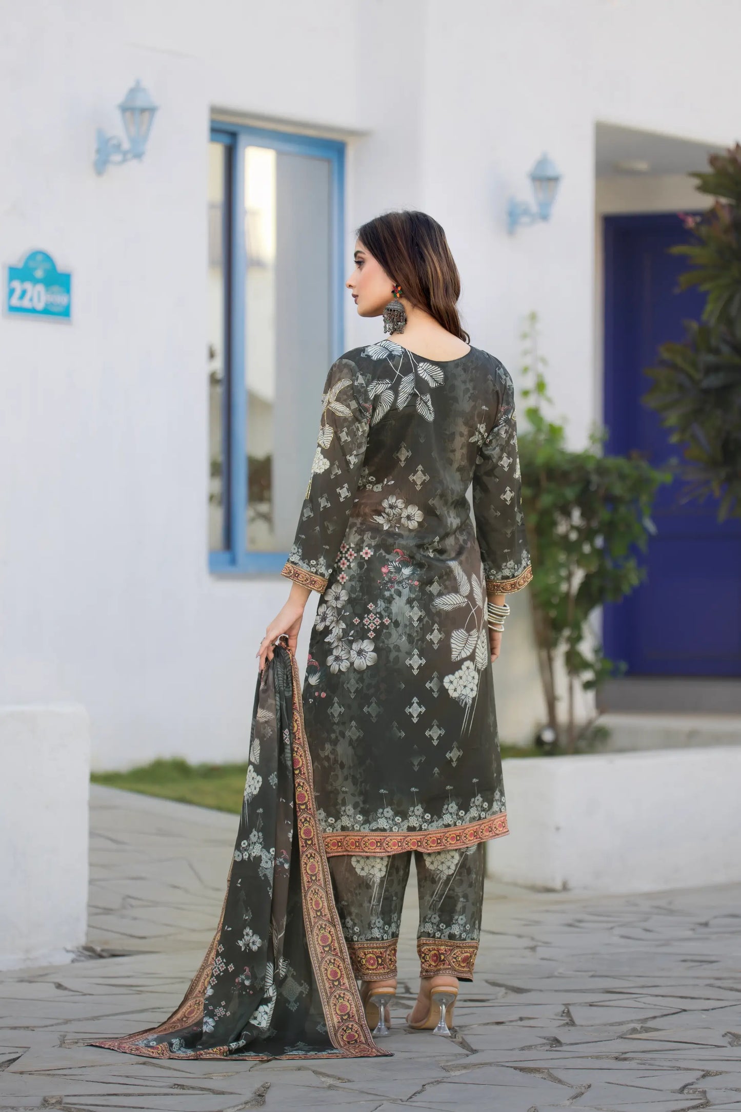 Timber Green Chinon Salwar Suit With Print & Hand Work