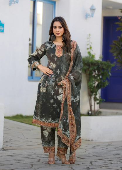 Timber Green Chinon Salwar Suit With Print & Hand Work