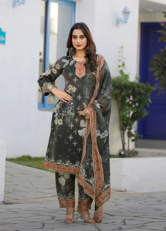 Timber Green Chinon Salwar Suit With Print & Hand Work