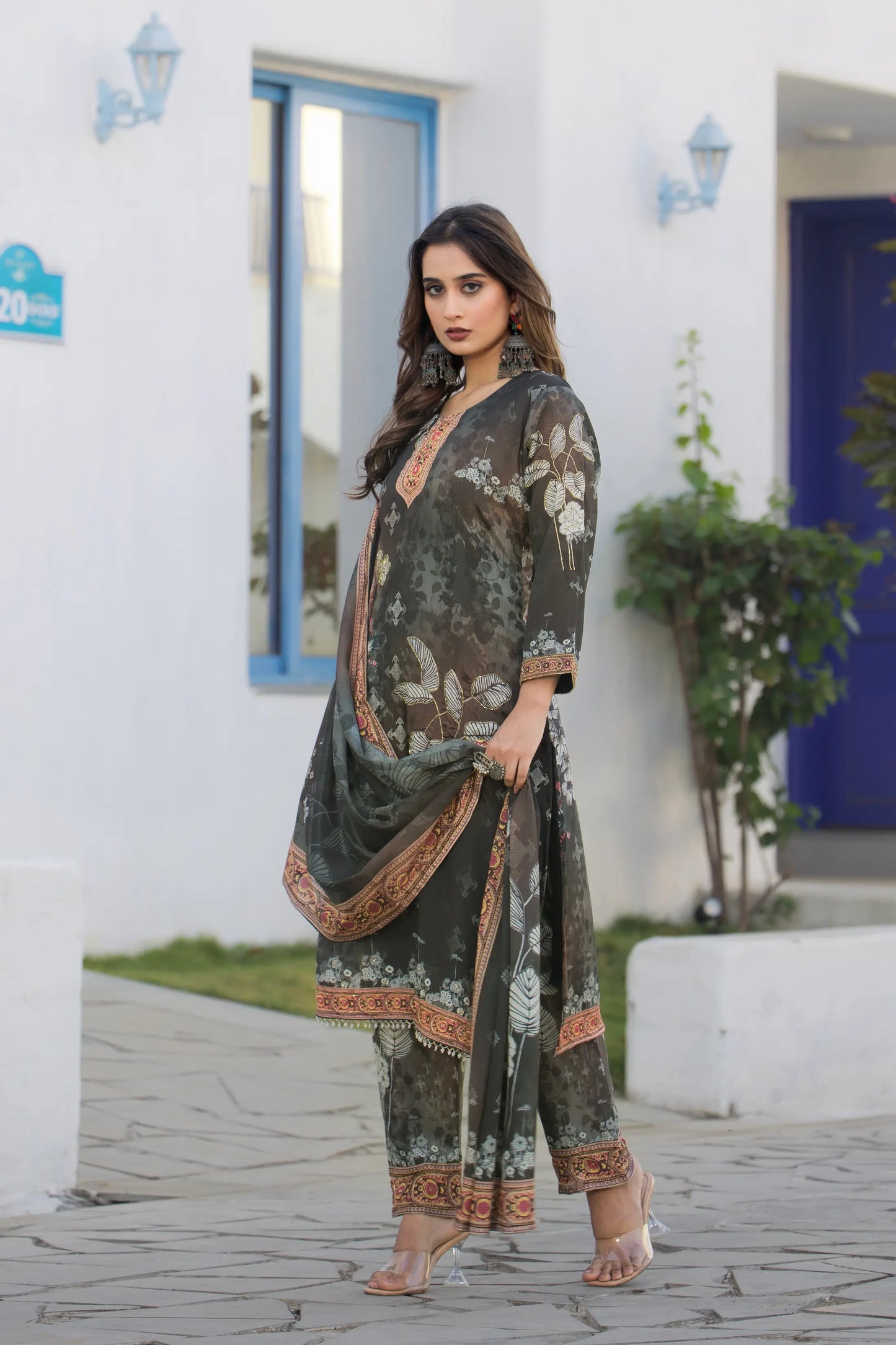 Timber Green Chinon Salwar Suit With Print & Hand Work