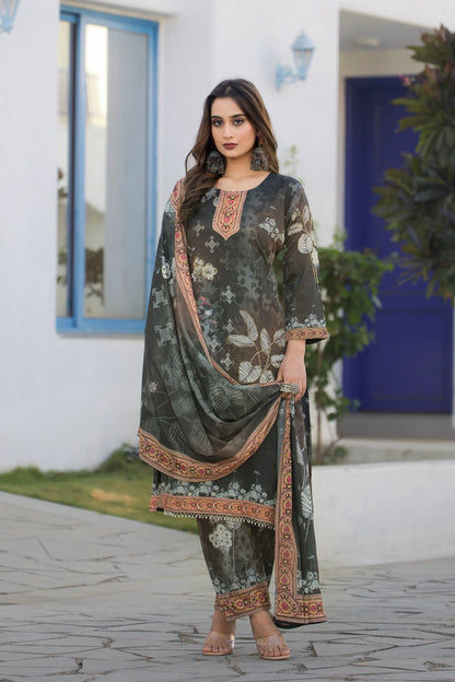 Timber Green Chinon Salwar Suit With Print & Hand Work