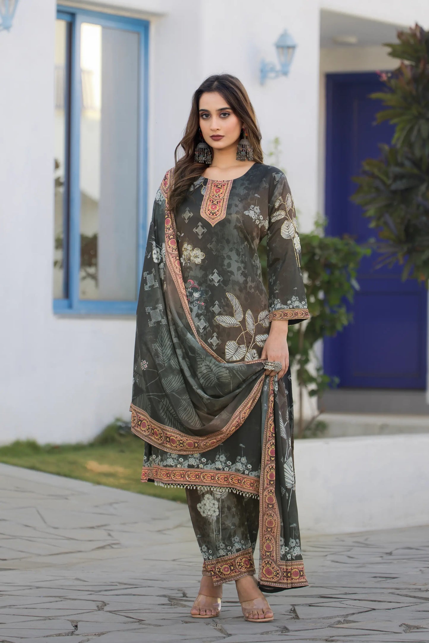 Timber Green Chinon Salwar Suit With Print & Hand Work