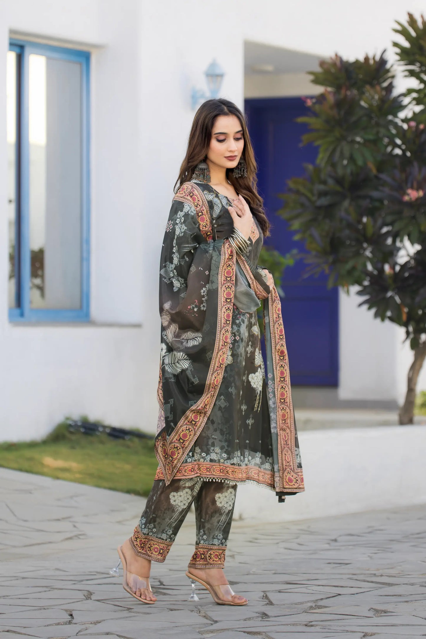 Timber Green Chinon Salwar Suit With Print & Hand Work