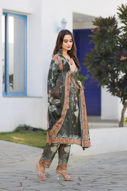 Timber Green Chinon Salwar Suit With Print & Hand Work