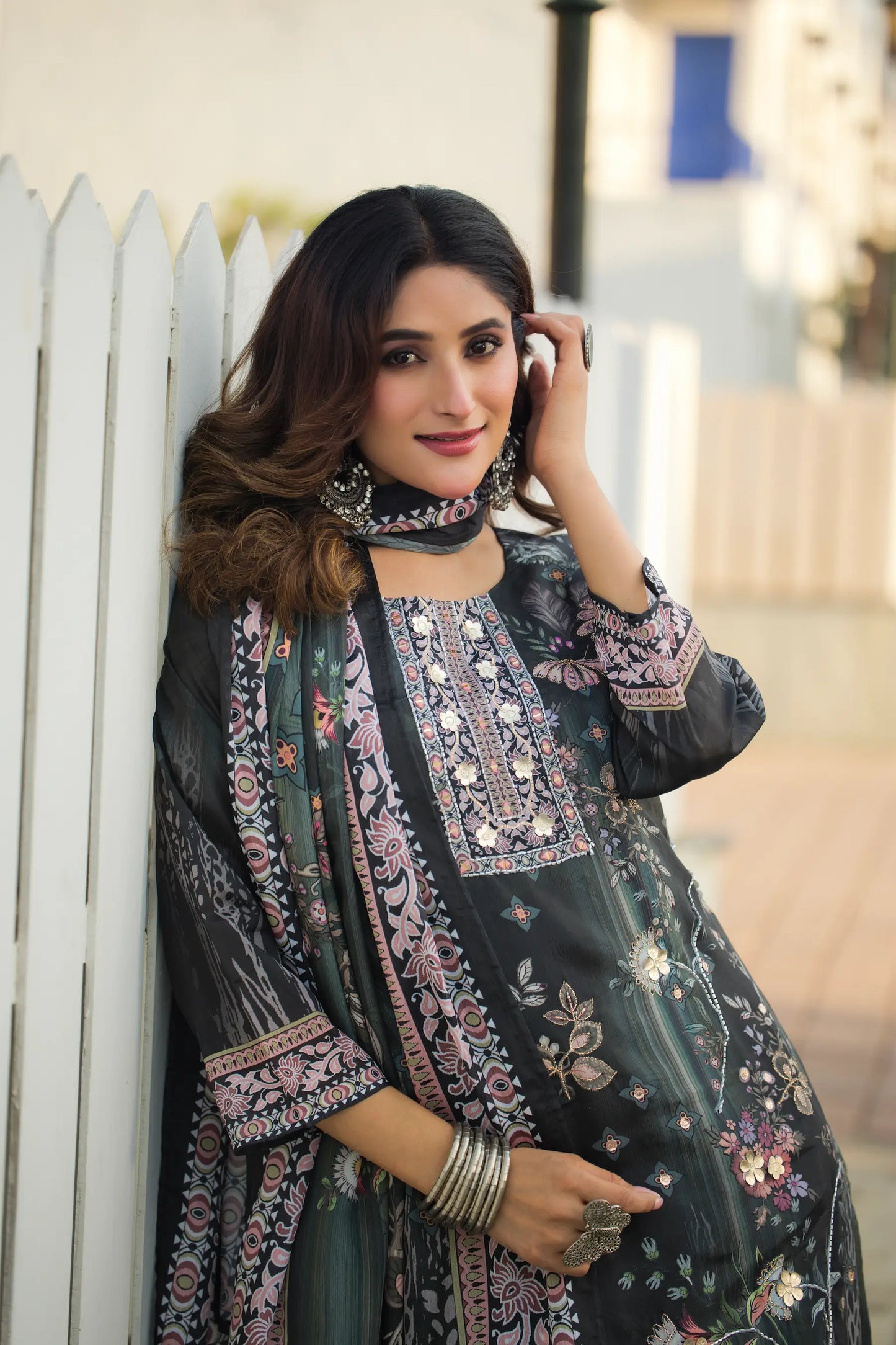 Grey Green Chinon Salwar Suit With Print & Hand Work