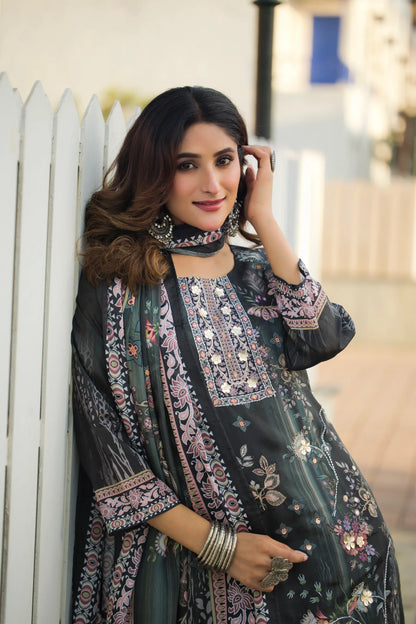Grey Green Chinon Salwar Suit With Print & Hand Work