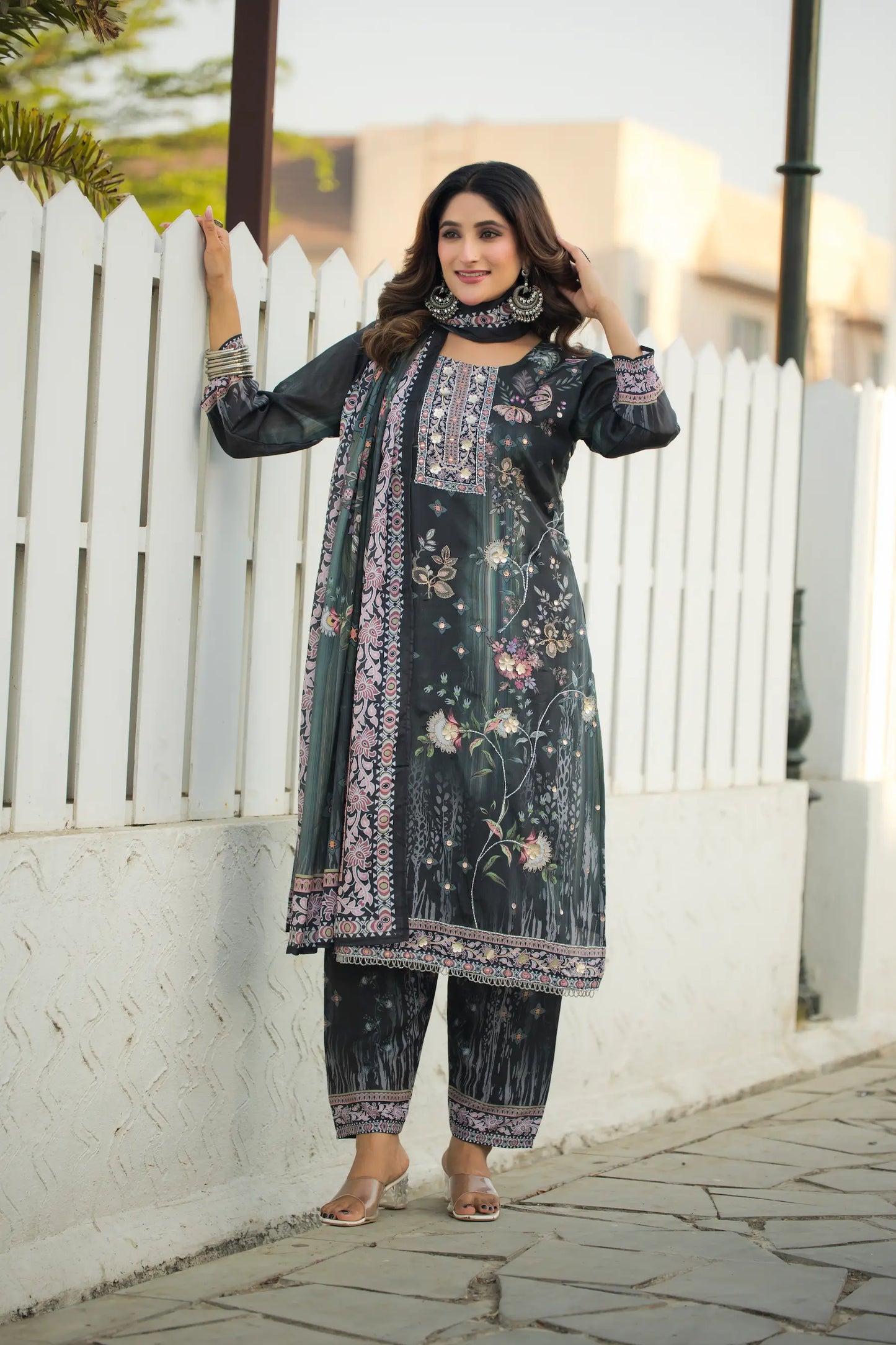 Grey Green Chinon Salwar Suit With Print & Hand Work