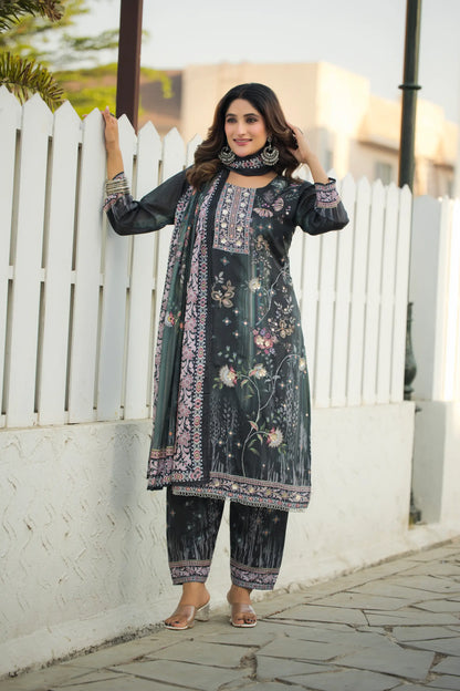 Grey Green Chinon Salwar Suit With Print & Hand Work
