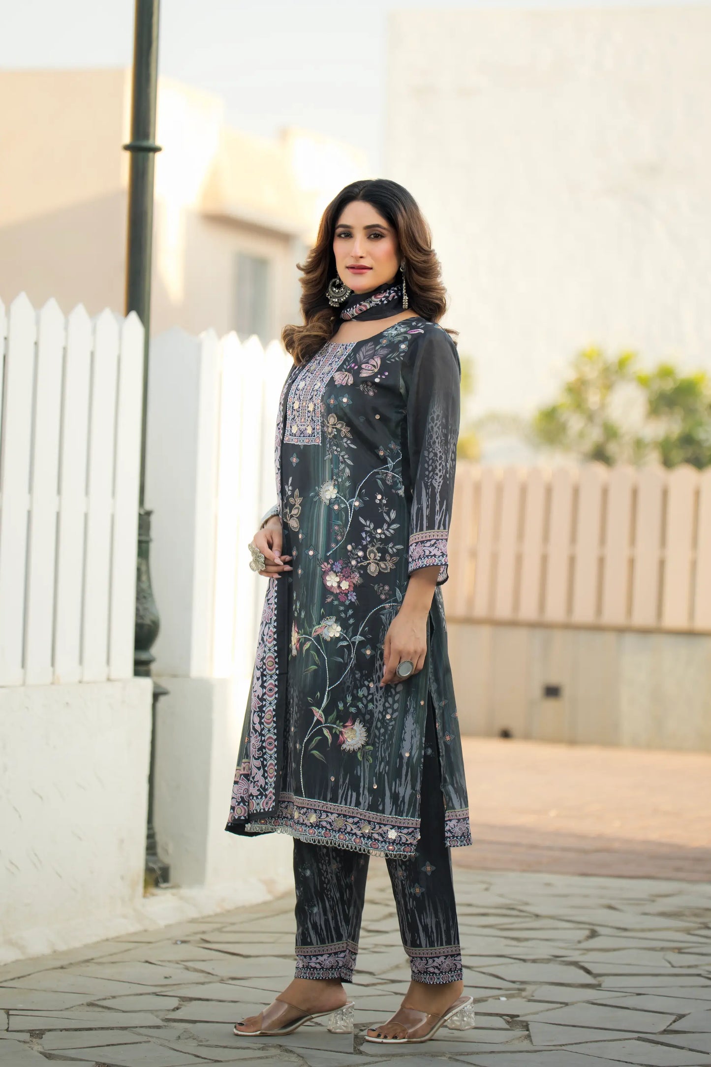 Grey Green Chinon Salwar Suit With Print & Hand Work