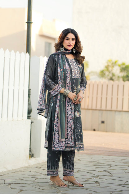 Grey Green Chinon Salwar Suit With Print & Hand Work