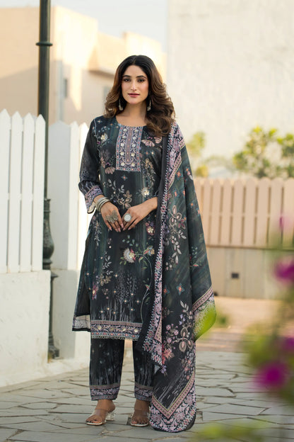 Grey Green Chinon Salwar Suit With Print & Hand Work
