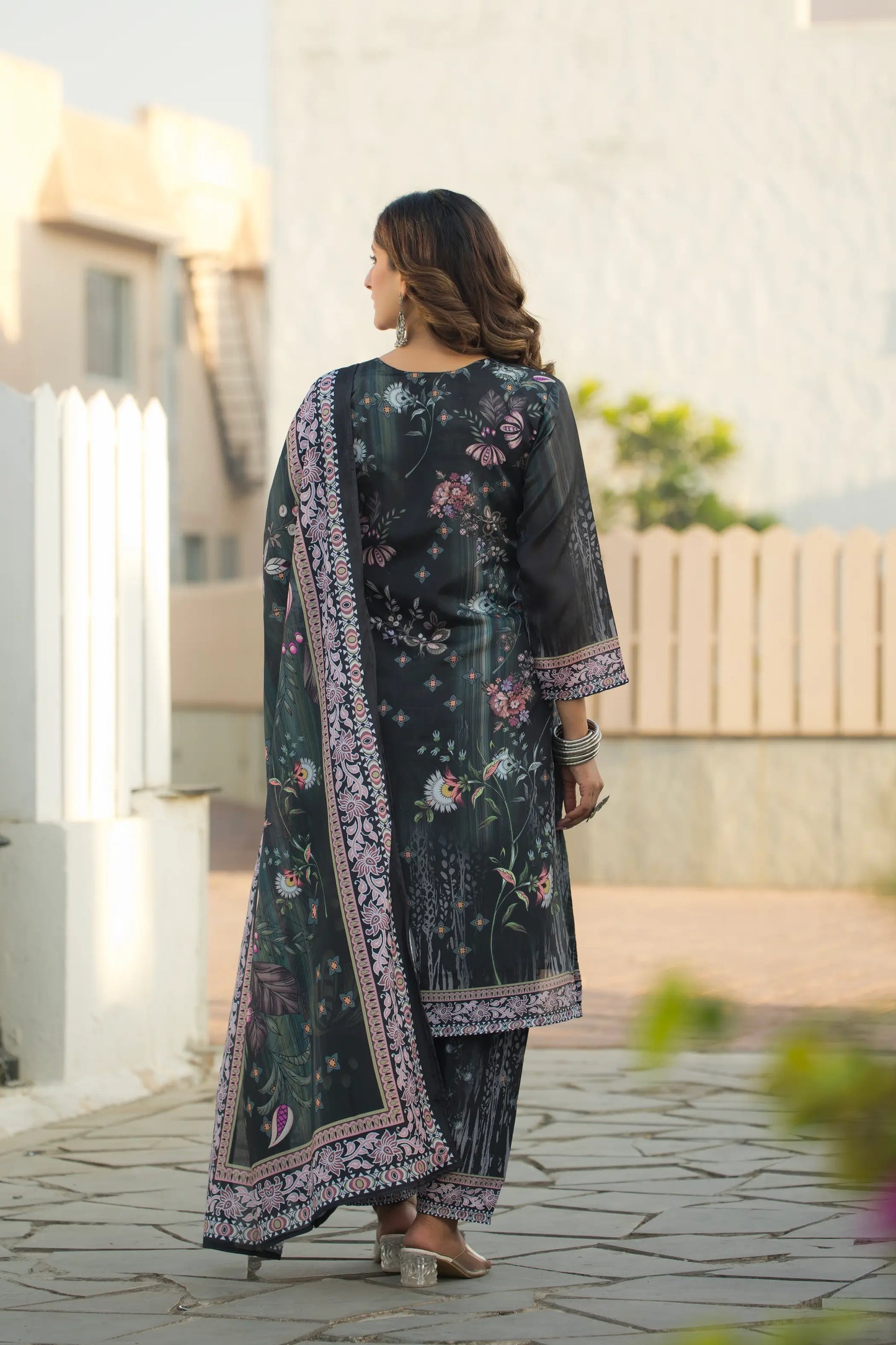 Grey Green Chinon Salwar Suit With Print & Hand Work