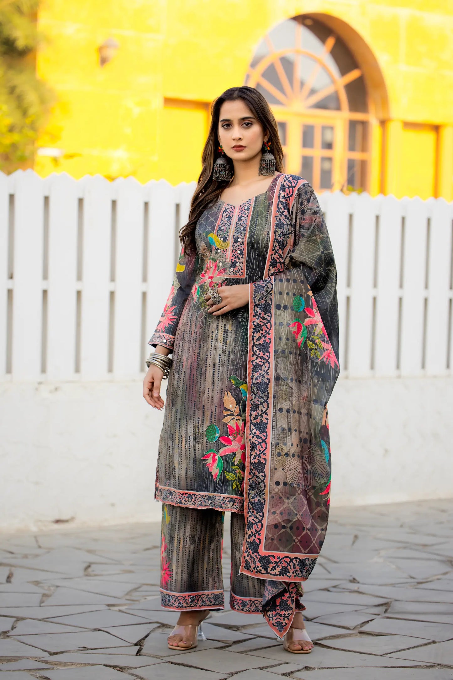 Grey Multicolor Chinon Salwar Suit With Print & Hand Work