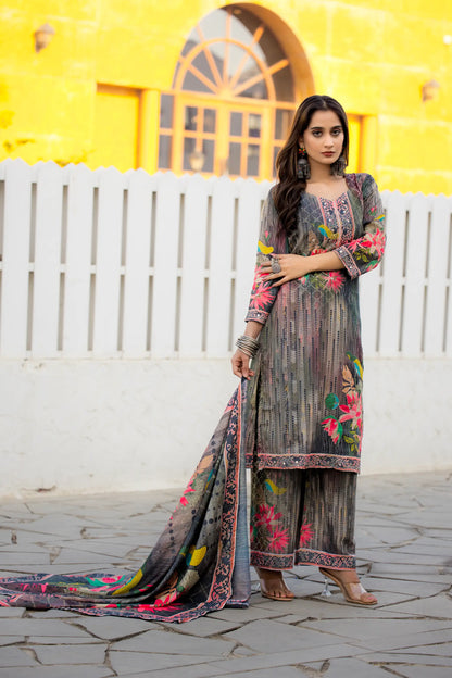 Grey Multicolor Chinon Salwar Suit With Print & Hand Work