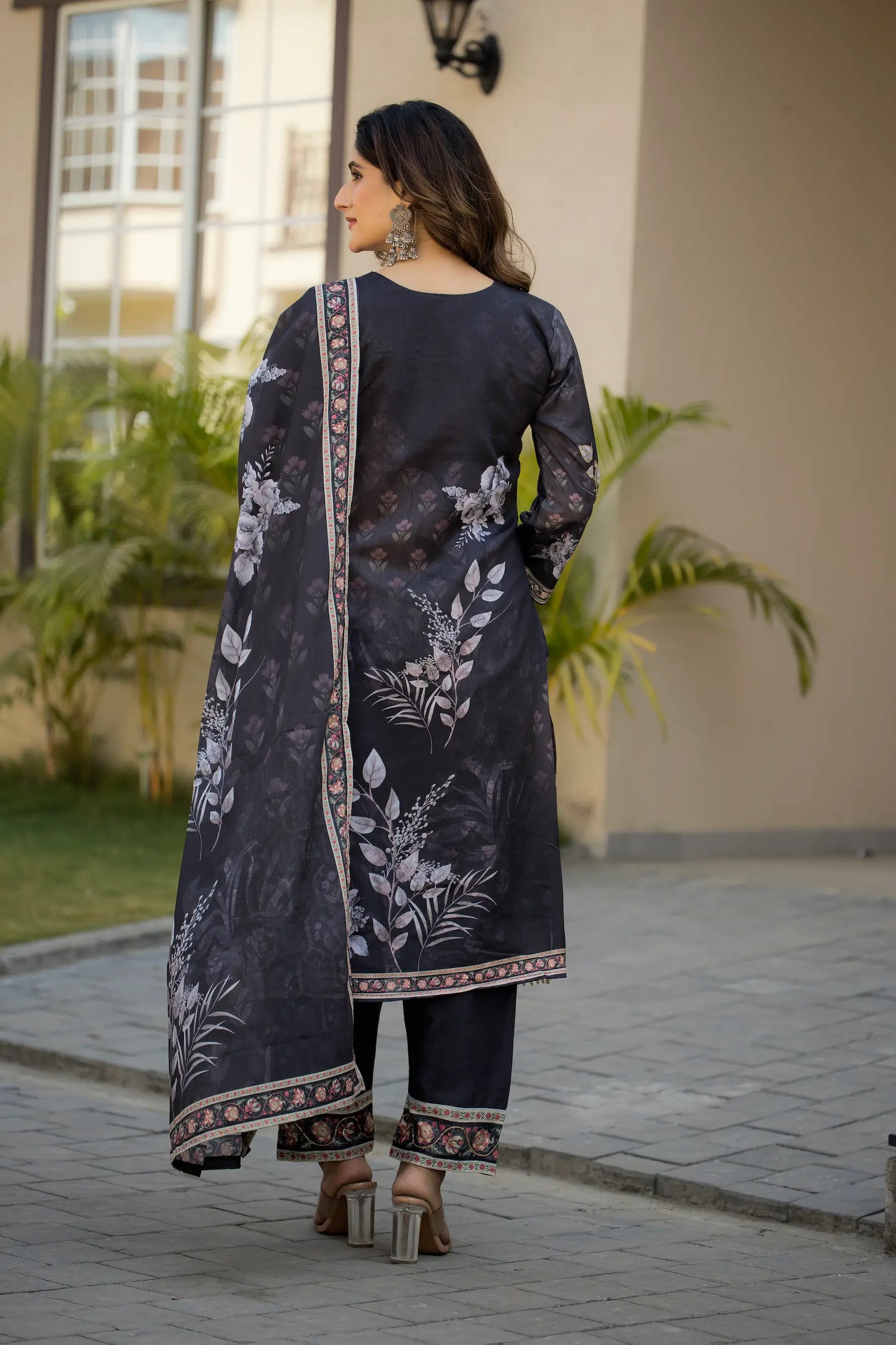 Dark Grey Chinon Salwar Suit With Print & Hand Work