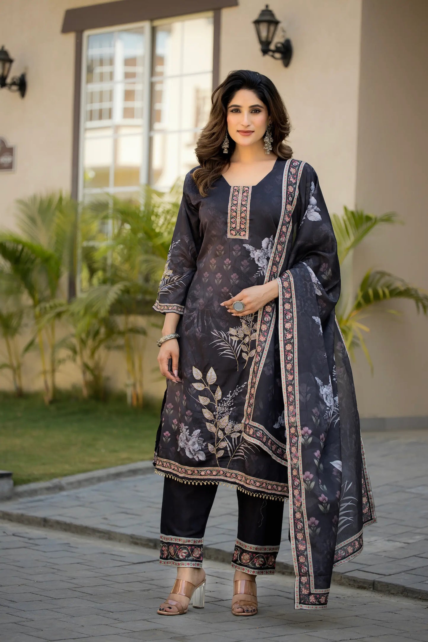 Dark Grey Chinon Salwar Suit With Print & Hand Work