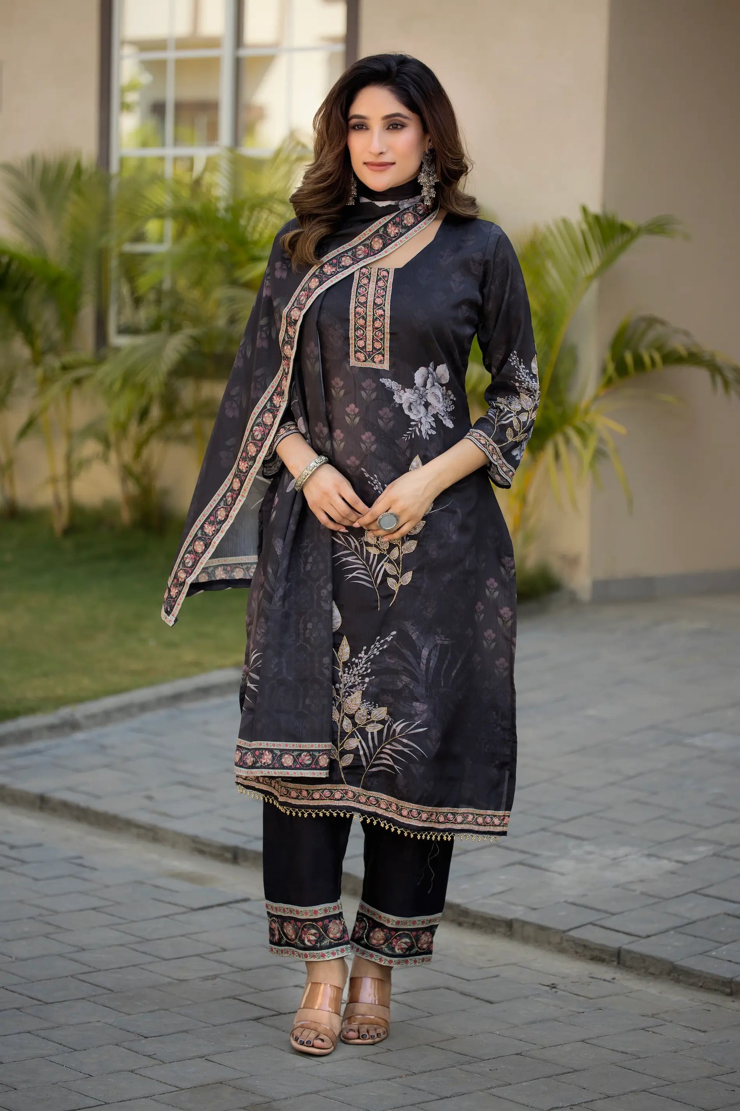 Dark Grey Chinon Salwar Suit With Print & Hand Work
