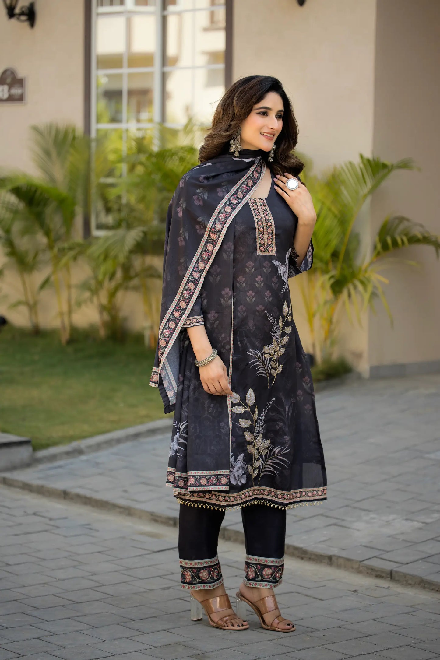 Dark Grey Chinon Salwar Suit With Print & Hand Work
