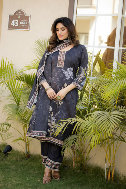 Dark Grey Chinon Salwar Suit With Print & Hand Work