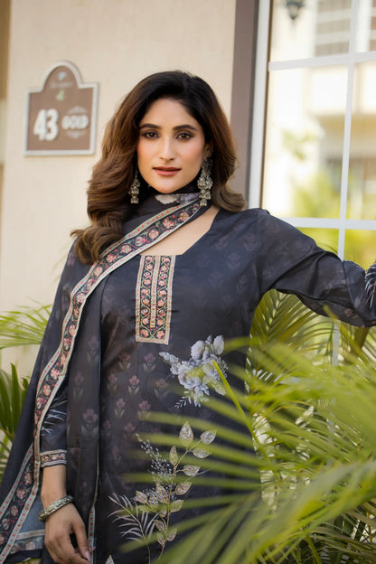 Dark Grey Chinon Salwar Suit With Print & Hand Work