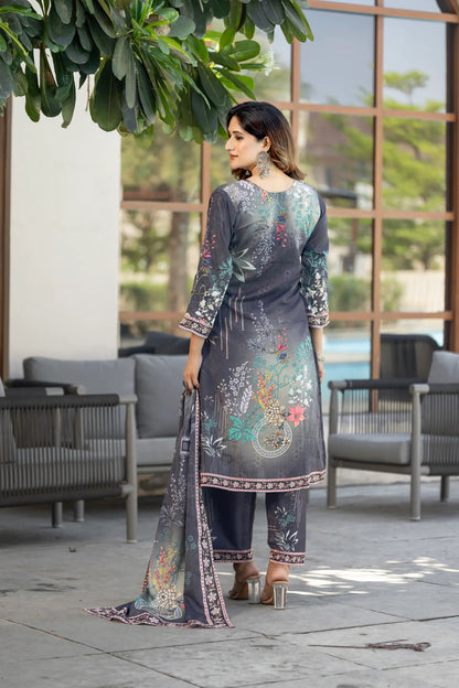 Grey Chinon Salwar Suit With Print & Hand Work