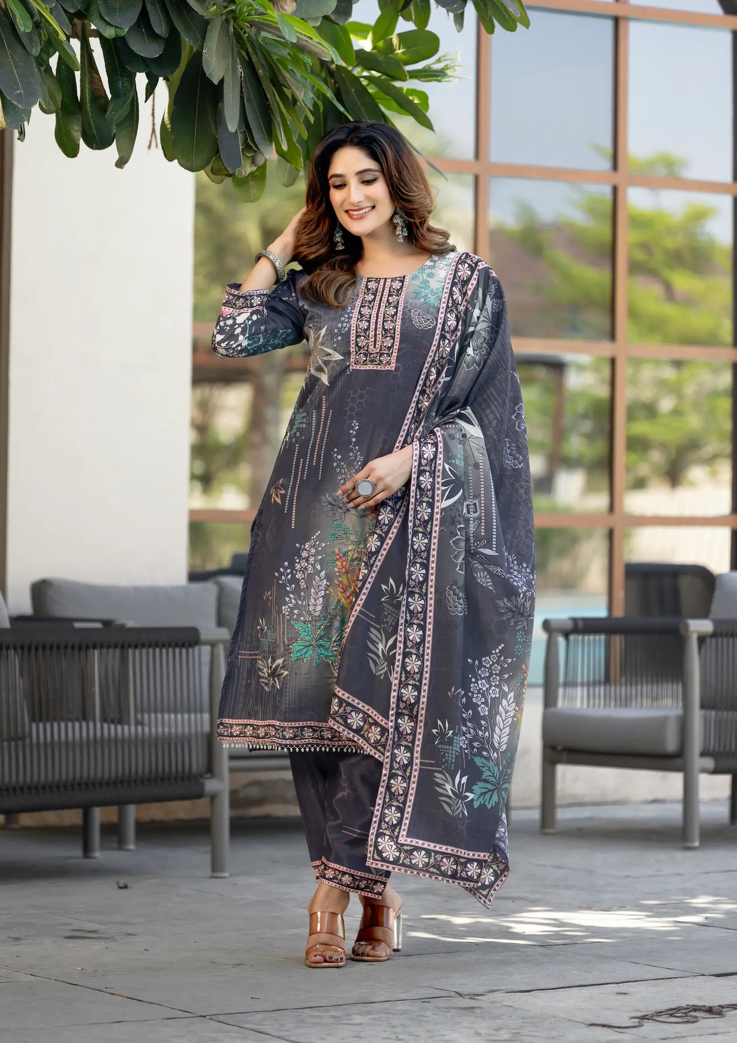 Grey Chinon Salwar Suit With Print & Hand Work