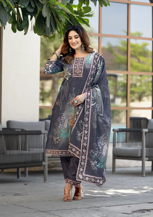 Grey Chinon Salwar Suit With Print & Hand Work