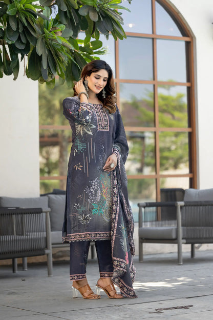 Grey Chinon Salwar Suit With Print & Hand Work