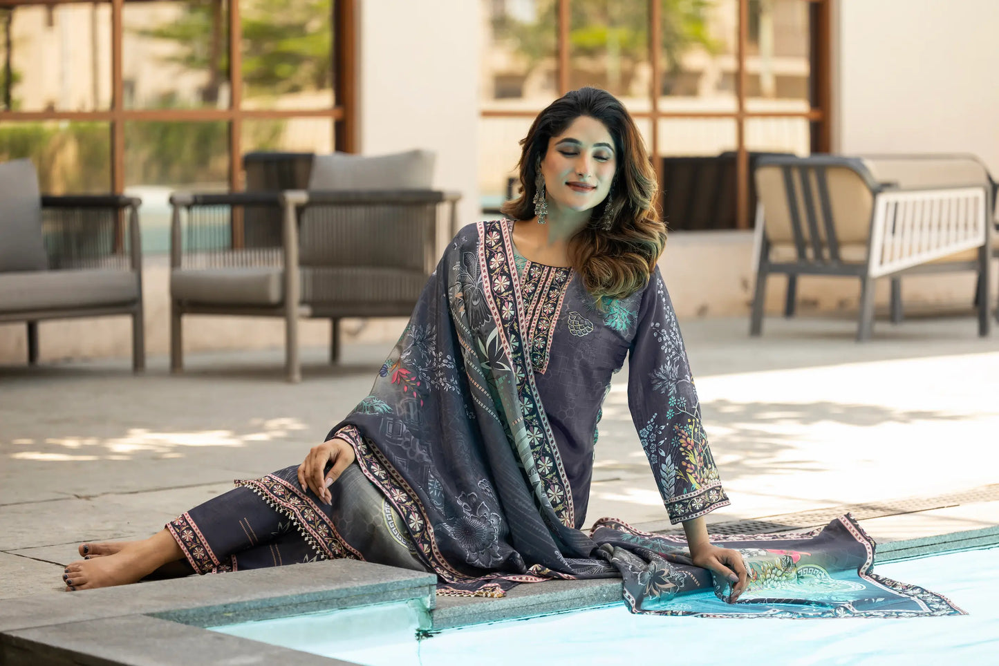 Grey Chinon Salwar Suit With Print & Hand Work