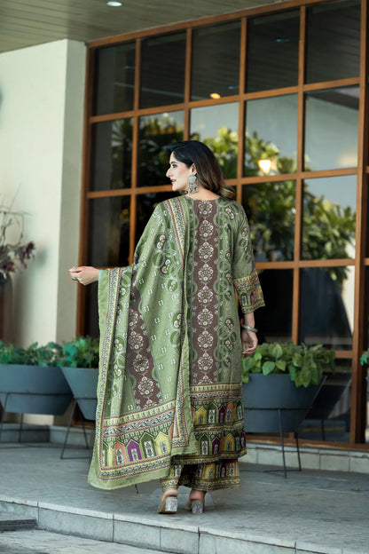 Pastel Green Chinon Salwar Suit With Print & Hand Work