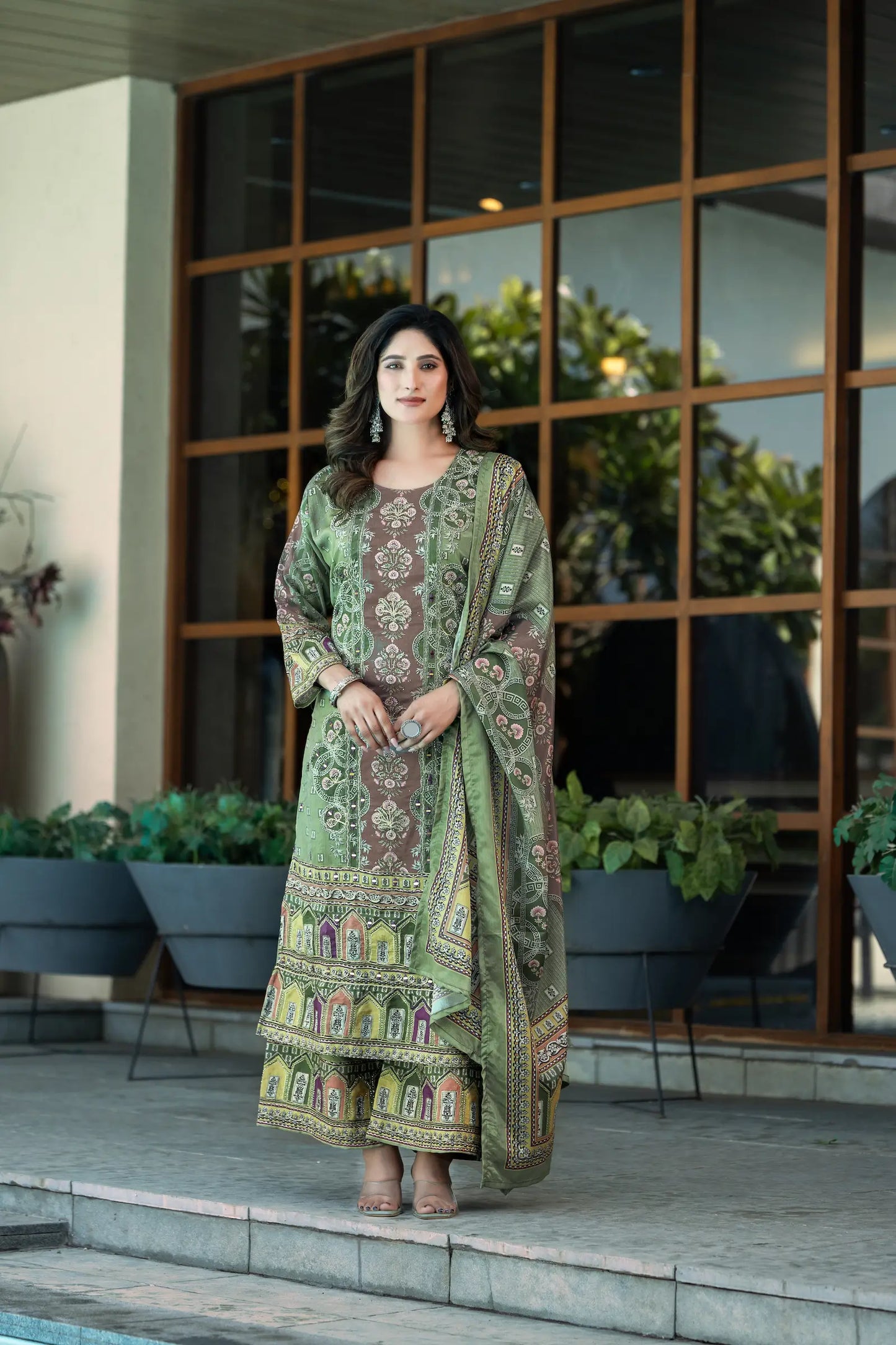 Pastel Green Chinon Salwar Suit With Print & Hand Work
