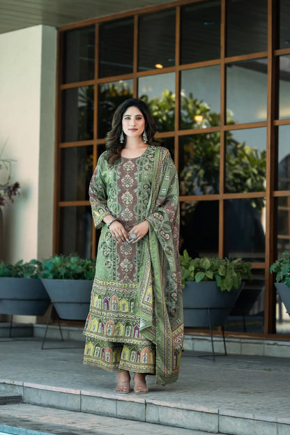 Pastel Green Chinon Salwar Suit With Print & Hand Work