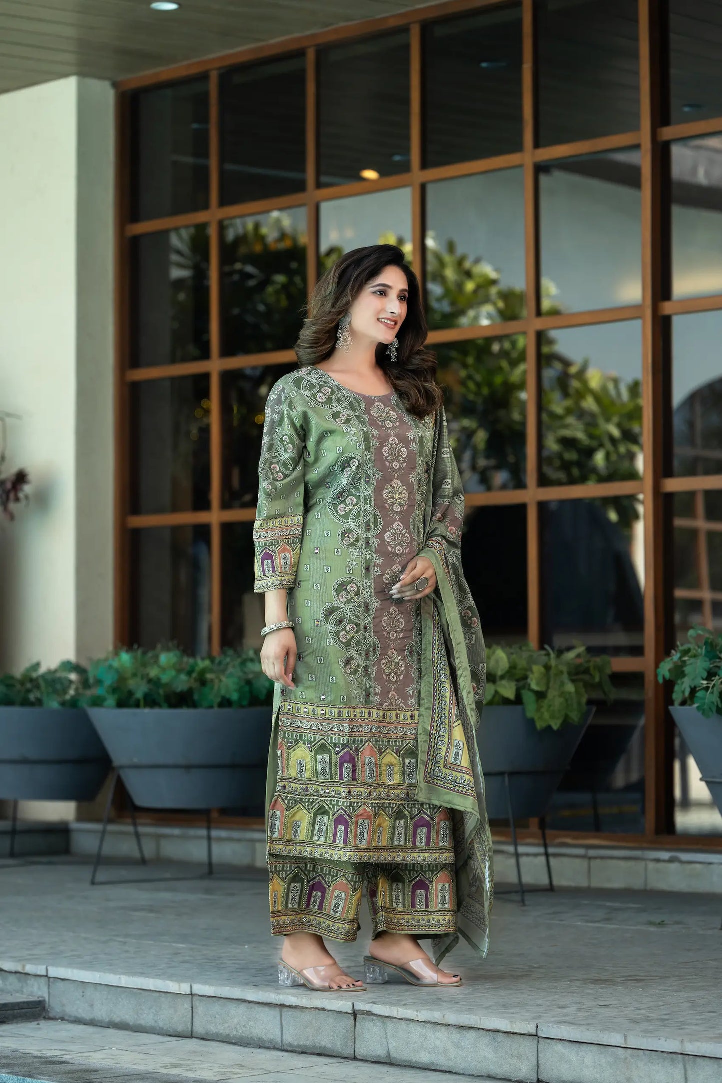 Pastel Green Chinon Salwar Suit With Print & Hand Work