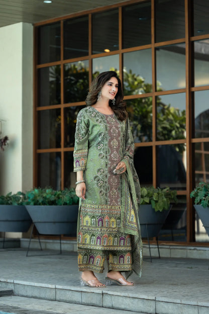 Pastel Green Chinon Salwar Suit With Print & Hand Work