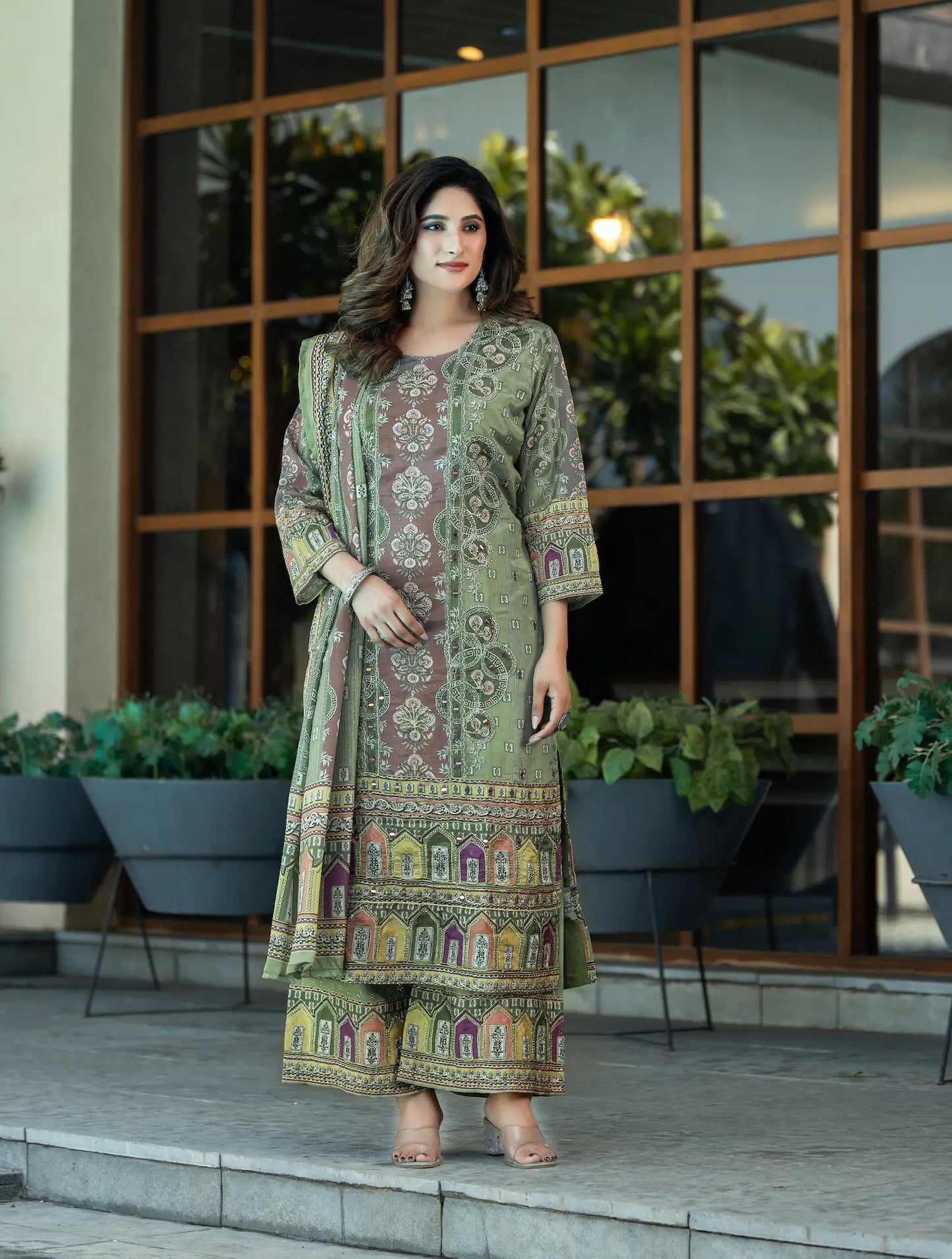 Pastel Green Chinon Salwar Suit With Print & Hand Work
