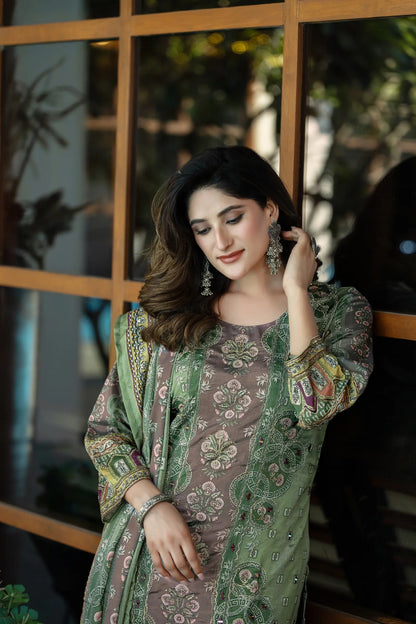 Pastel Green Chinon Salwar Suit With Print & Hand Work