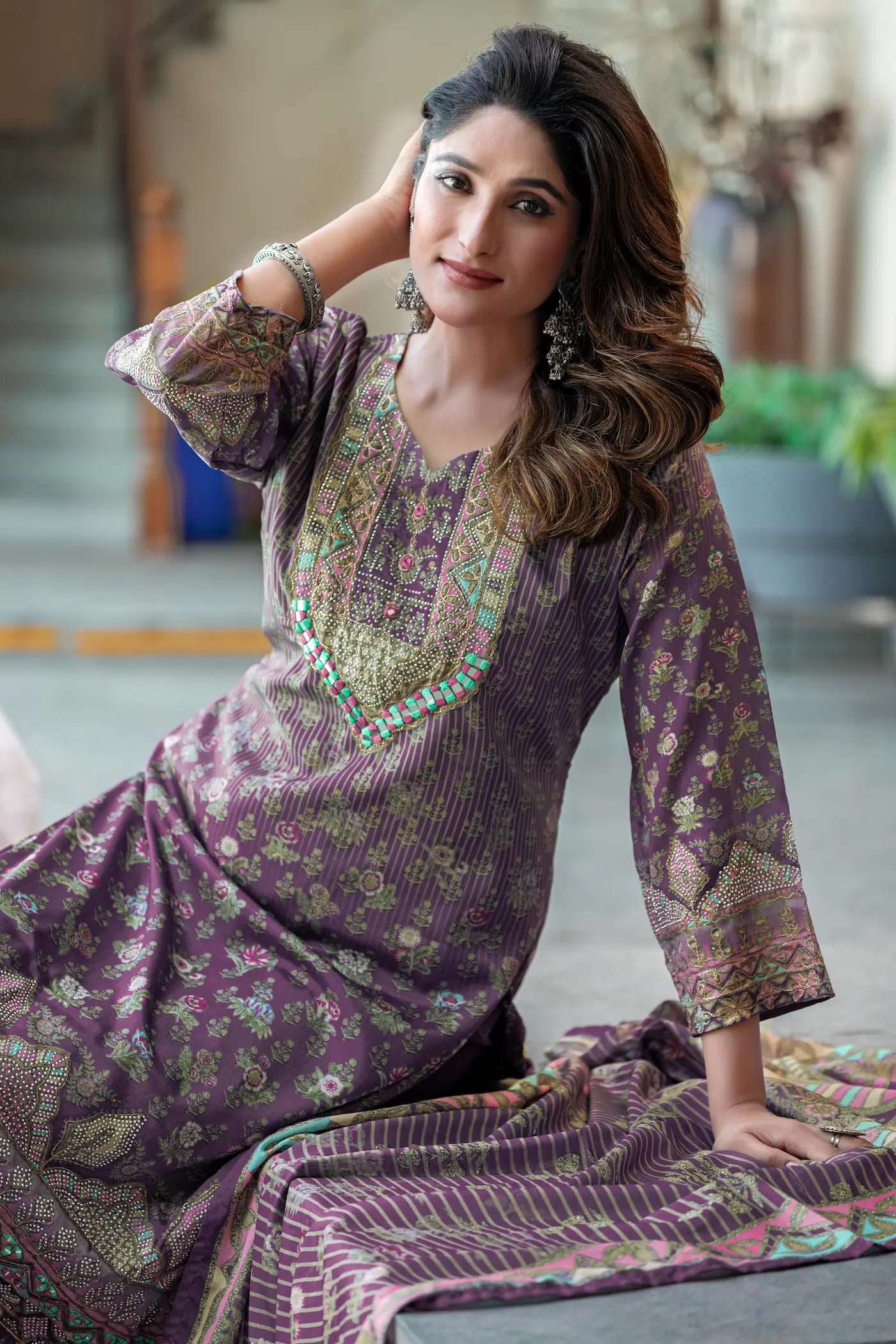 Dusty Purple Chinon Salwar Suit With Print & Hand Work
