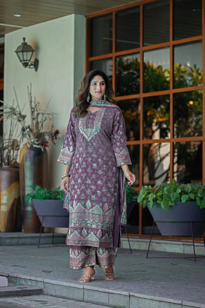 Dusty Purple Chinon Salwar Suit With Print & Hand Work