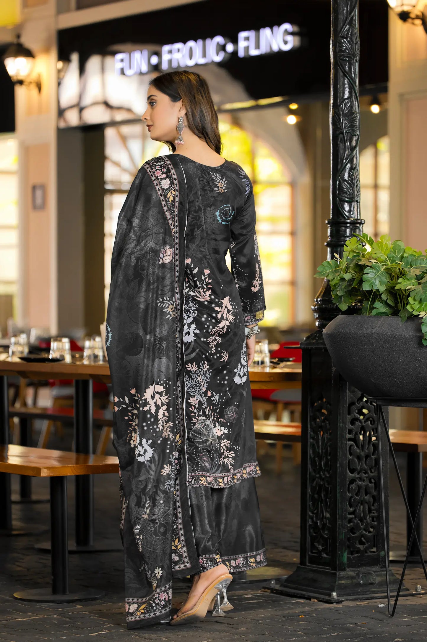 Black Chinon Salwar Suit With Print & Hand Work