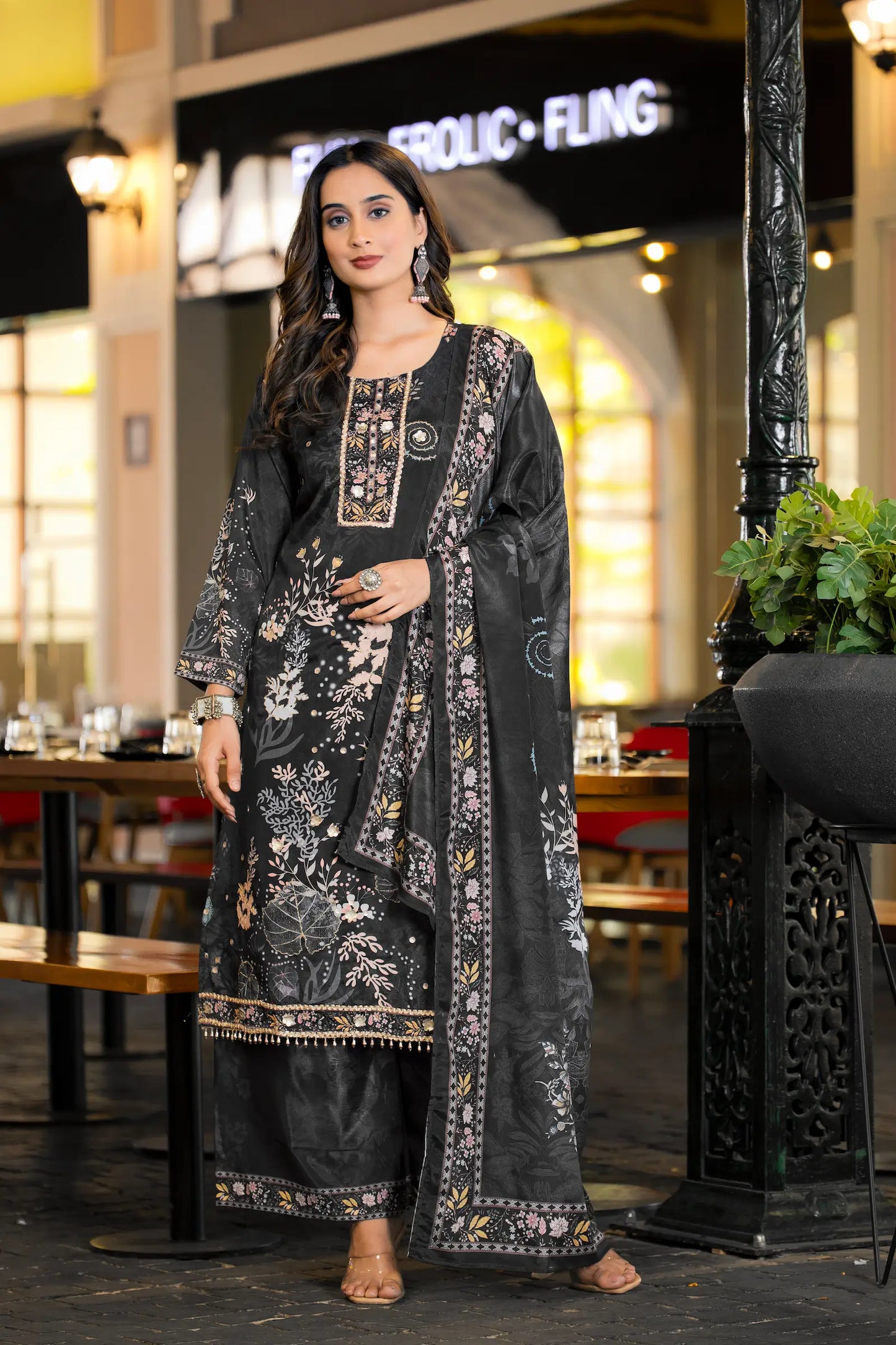 Black Chinon Salwar Suit With Print & Hand Work