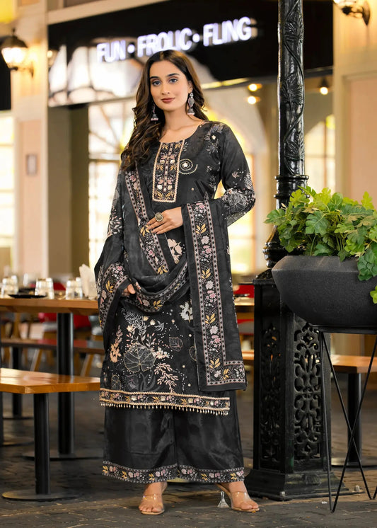 Black Chinon Salwar Suit With Print & Hand Work
