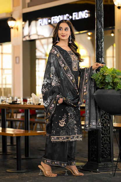 Black Chinon Salwar Suit With Print & Hand Work