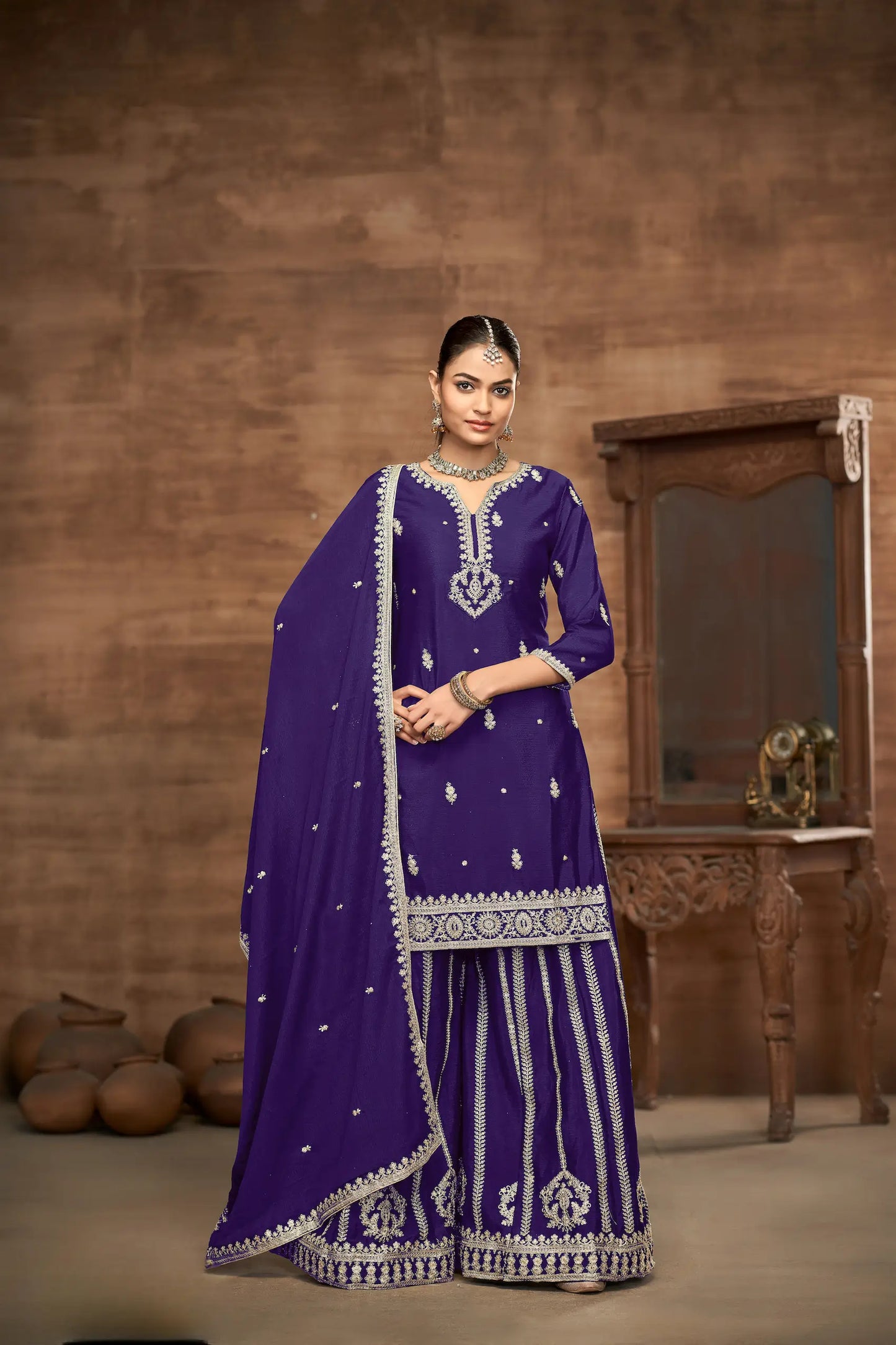 Purple Chinon Palazzo Salwar Suit With Thread & Sequins Embroidery Work