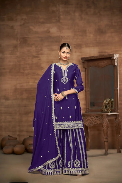 Purple Chinon Palazzo Salwar Suit With Thread & Sequins Embroidery Work