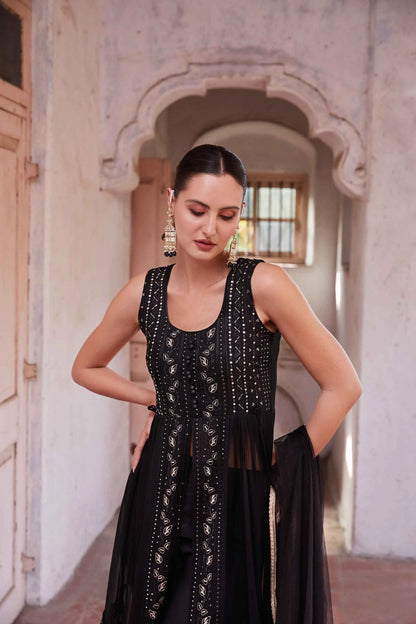 Black Embellished With Thread Sequins Embroidery Work Indo Western With Dupatta