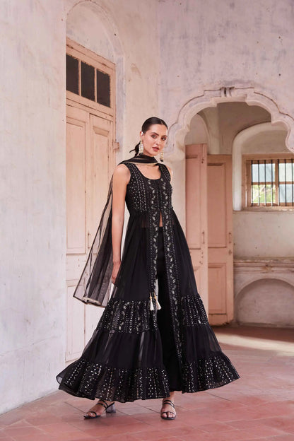 Black Embellished With Thread Sequins Embroidery Work Indo Western With Dupatta
