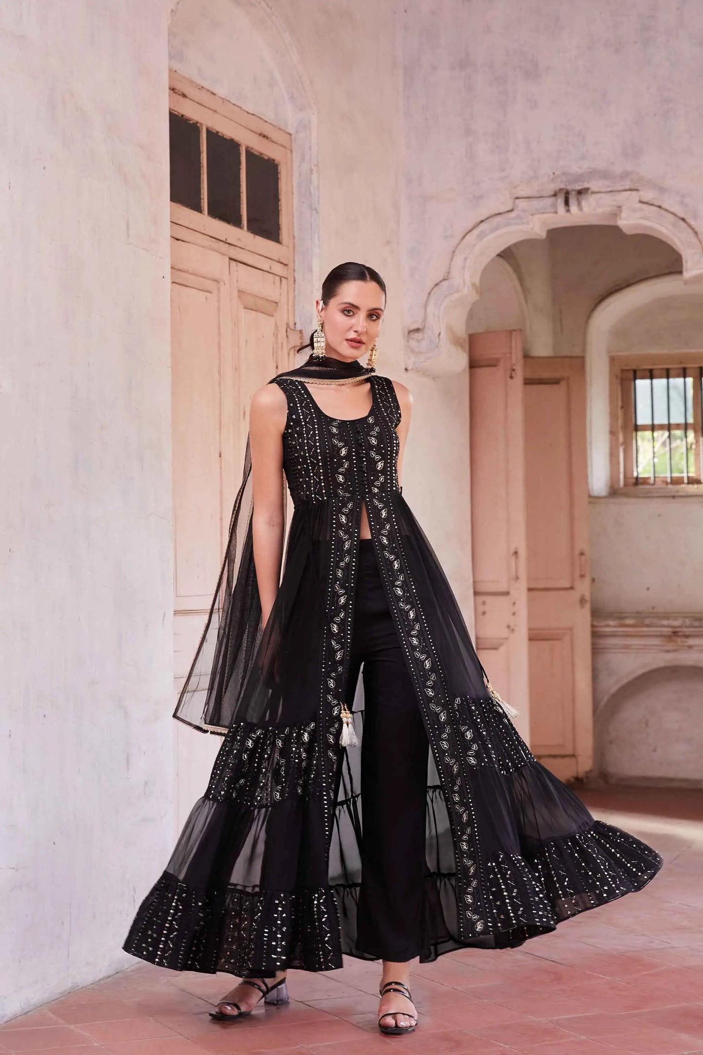 Black Embellished With Thread Sequins Embroidery Work Indo Western With Dupatta