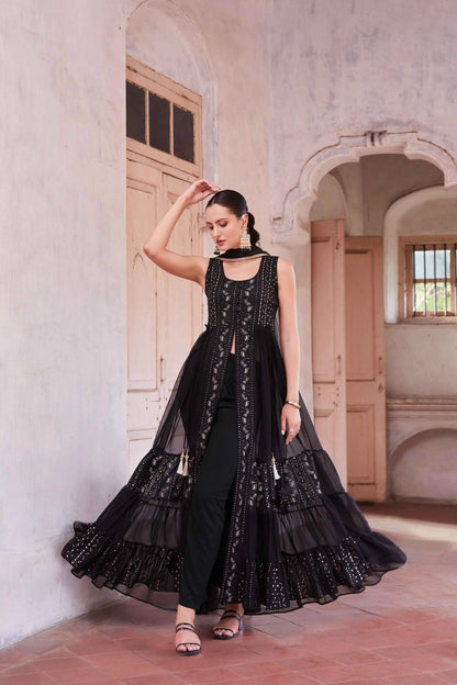 Black Embellished With Thread Sequins Embroidery Work Indo Western With Dupatta
