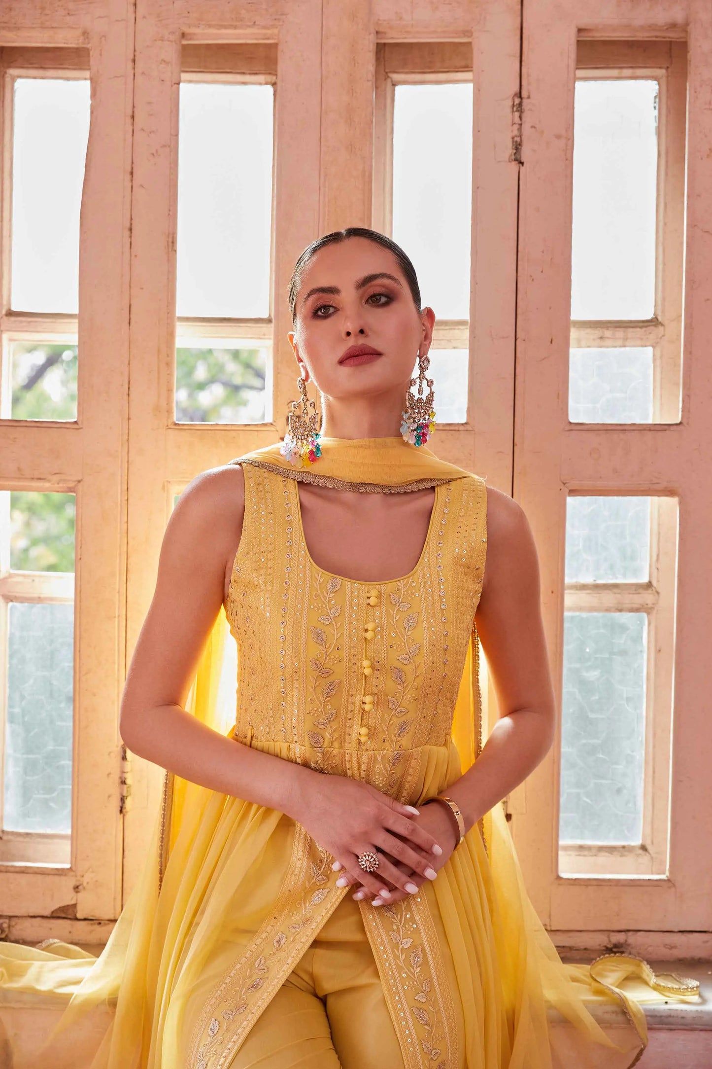 Yellow Embellished With Thread Sequins Embroidery Work Indo Western With Dupatta
