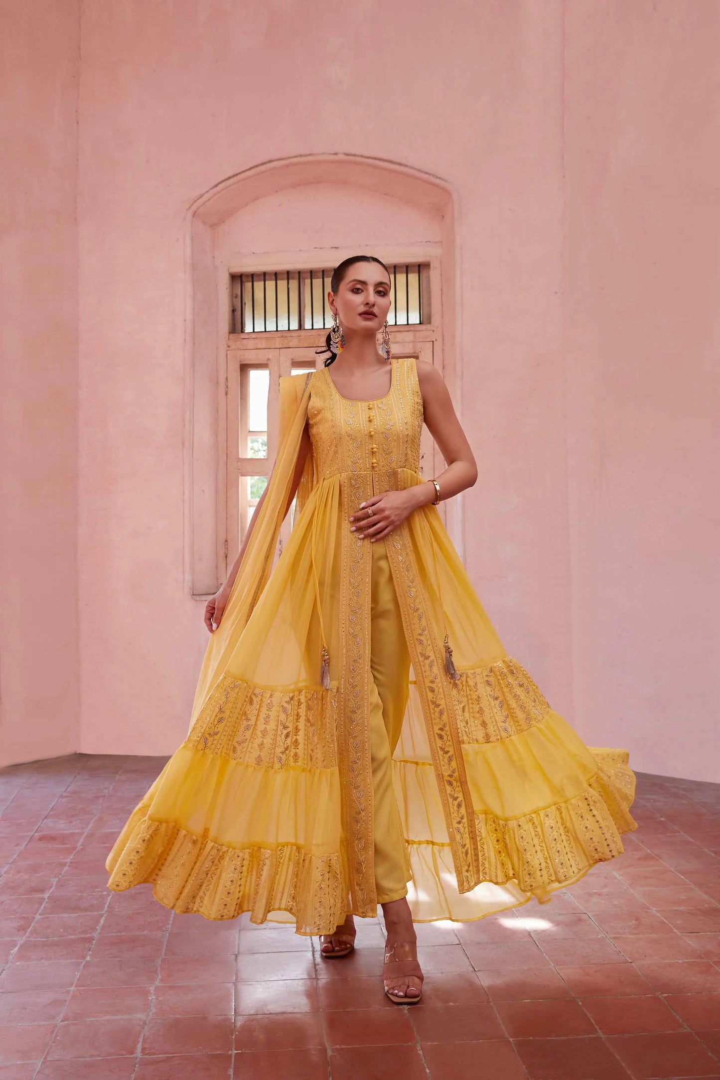 Yellow Embellished With Thread Sequins Embroidery Work Indo Western With Dupatta